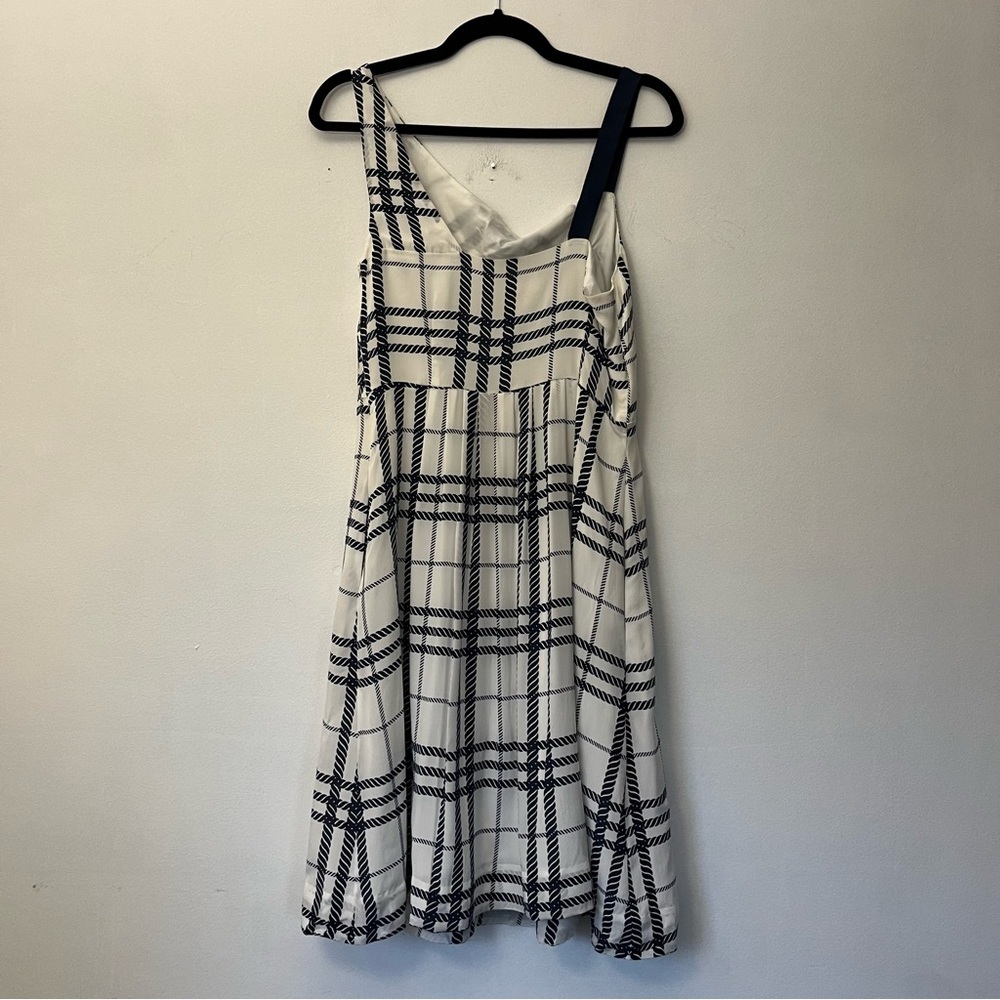 Moulinette Soeurs Silk Asymmetrical Neckline Knee-Length dress size 6 navy white - Picture 2 of 10